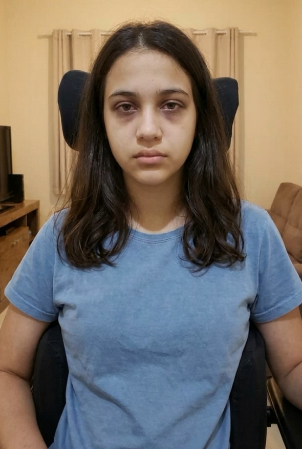Ester, após o atropelamento, na cadeira de rodas onde passa boa parte do dia